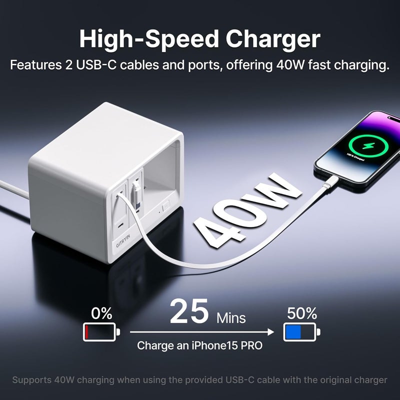Gitryin محطة شحن مكتبية 10 في 1 مع 2 شاحن حائط قابل للسحب، شريط طاقة USB-C بقوة 40 واط مع 6 مآخذ AC، 2 USB C، 2 Type-C وكابلات بطول 33.5 بوصة، سلك تمديد مع حماية من زيادة التيار بقوة 1020J لمكتب المنزل - Image 2